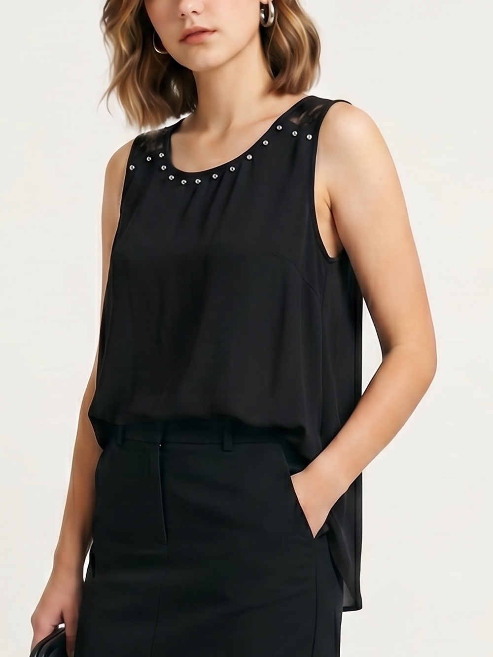 Pearl Black Silver Studded Lace Tank Top Cami sleek office Siren corpcore Summer